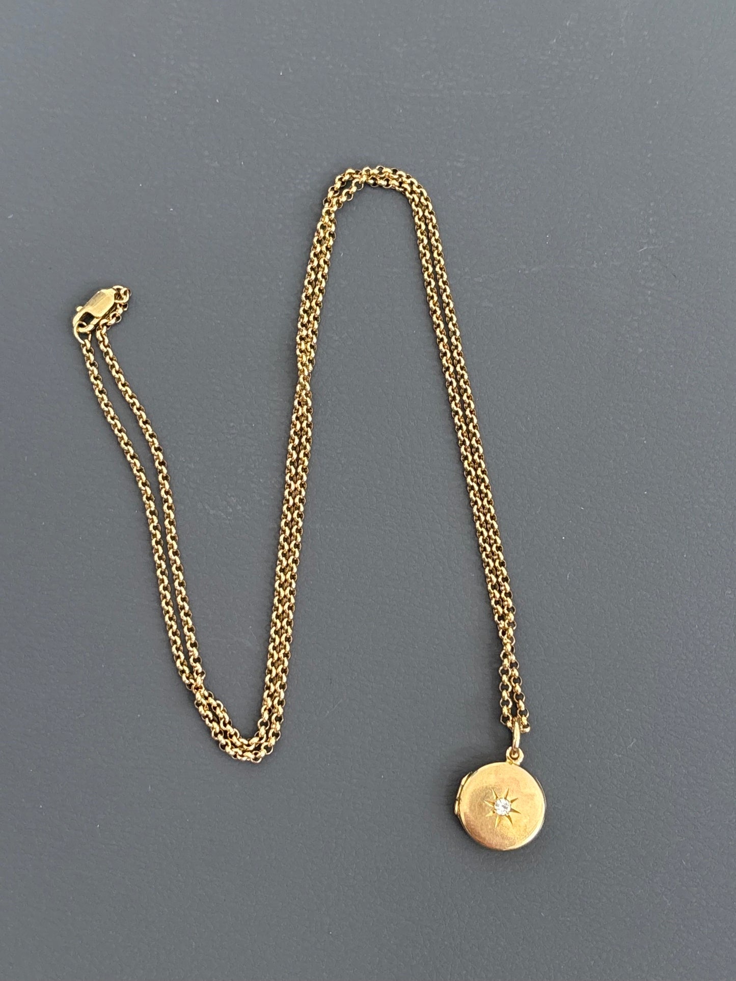 Antique Victorian 9k Gold Locket w/ Diamond on 9k Belcher Chain