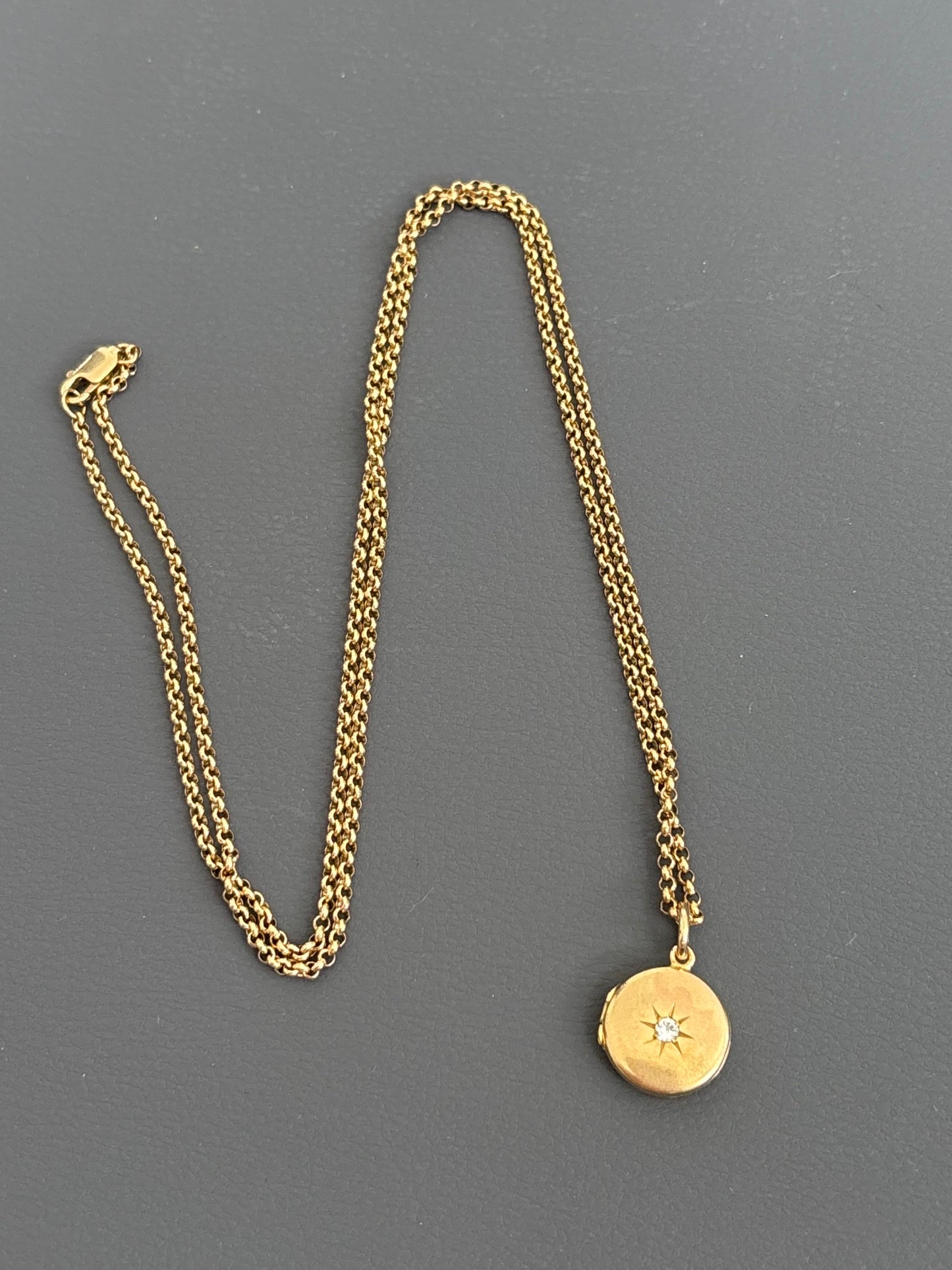 Antique Victorian 9k Gold Locket w/ Diamond on 9k Belcher Chain