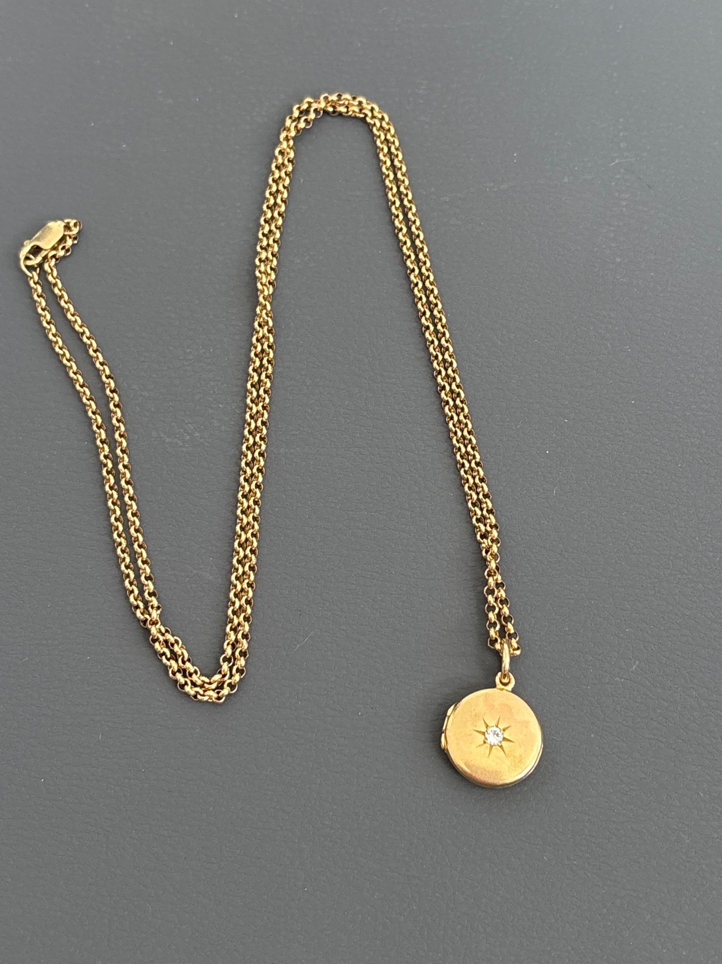 Antique Victorian 9k Gold Locket w/ Diamond on 9k Belcher Chain
