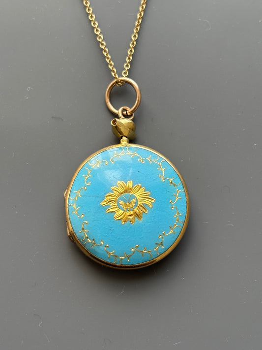 Stunning 18k Gold Turquoise Enamel Locket Pendant Necklace w/ Butterfly