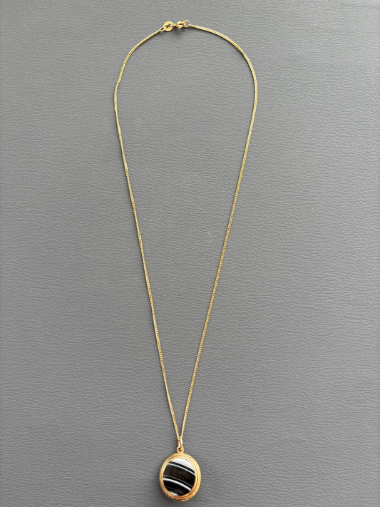 Vintage Necklace 9k Gold Striped Agate Pendant on 18k Gold Chain