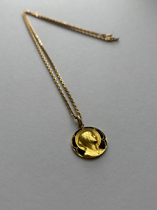 Antique French Guilbert 18k Gold and Blue Enamel Mary Pendant Charm 1922