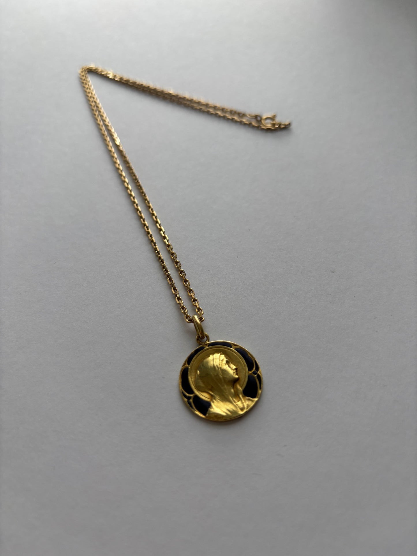 Antique French Guilbert 18k Gold and Blue Enamel Mary Pendant Charm 1922