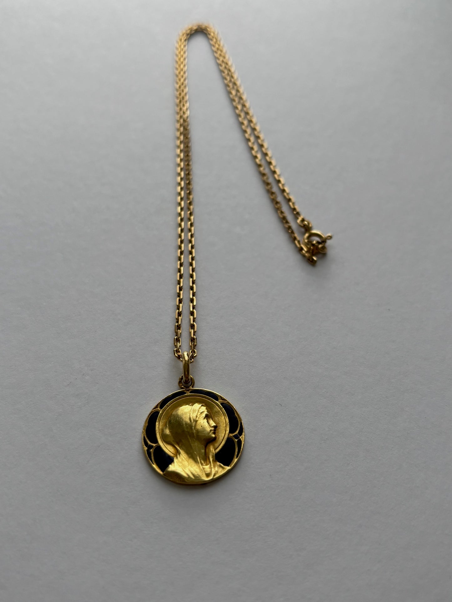 Antique French Guilbert 18k Gold and Blue Enamel Mary Pendant Charm 1922