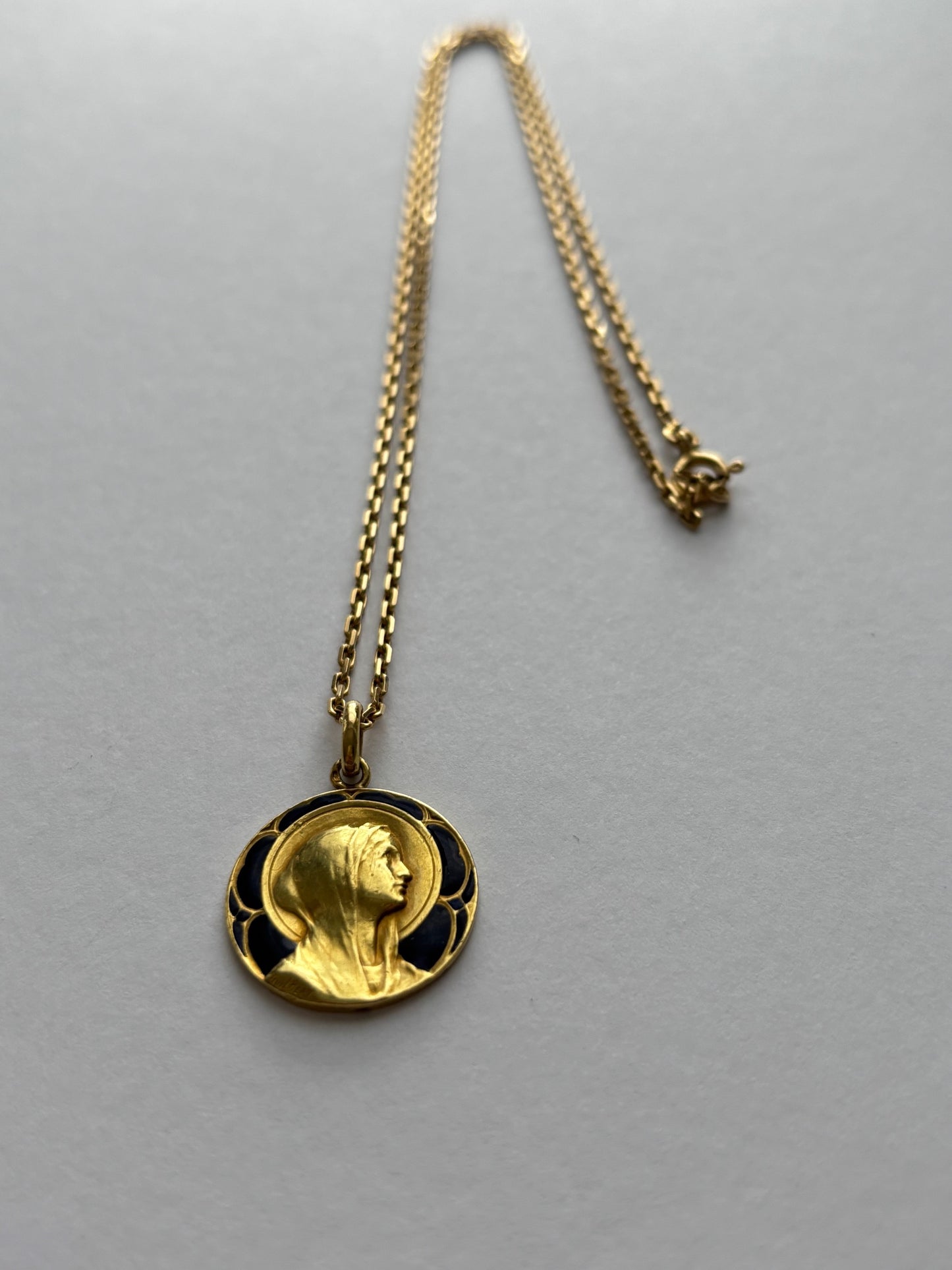 Antique French Guilbert 18k Gold and Blue Enamel Mary Pendant Charm 1922