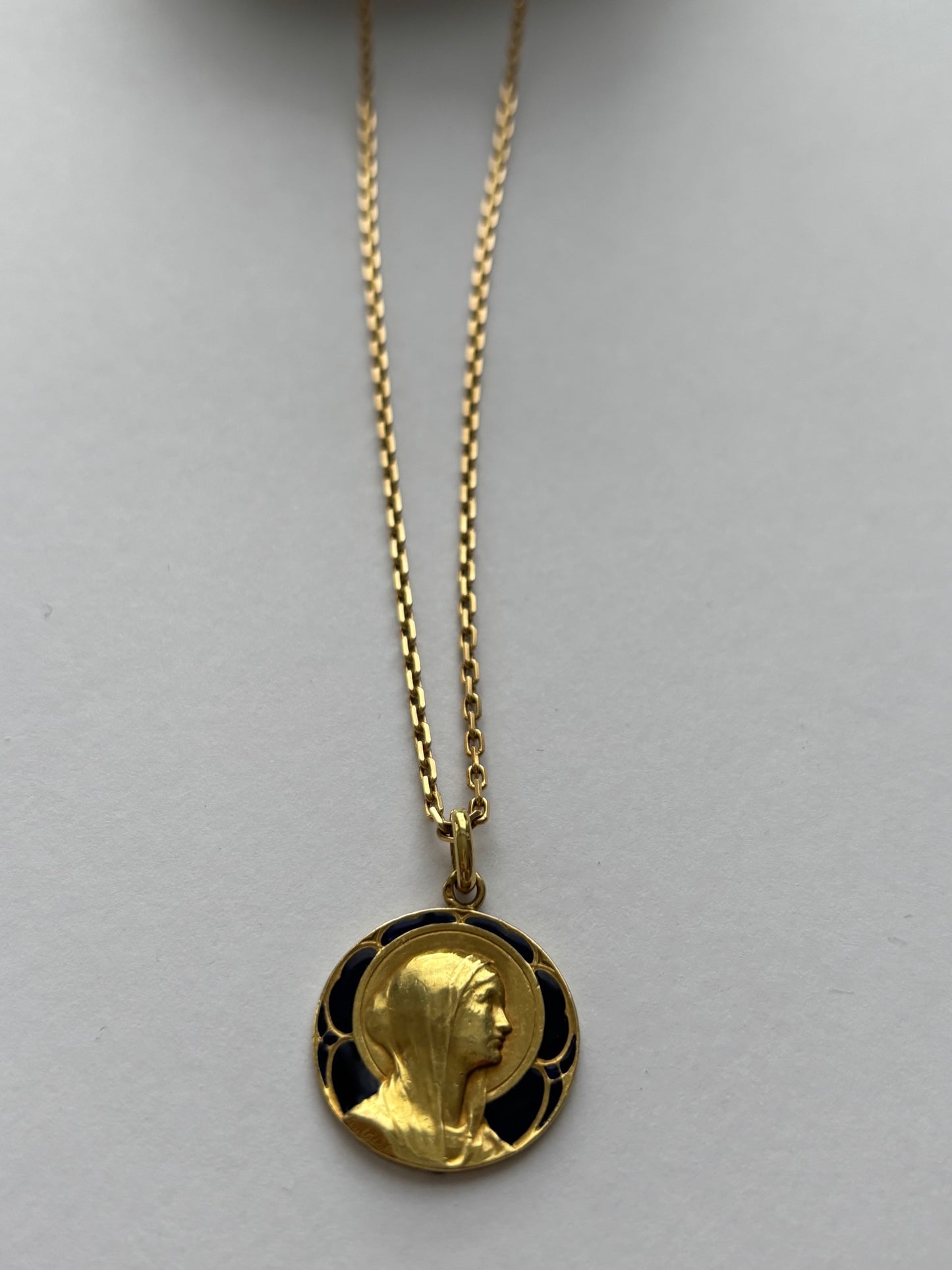 Antique French Guilbert 18k Gold and Blue Enamel Mary Pendant Charm 1922