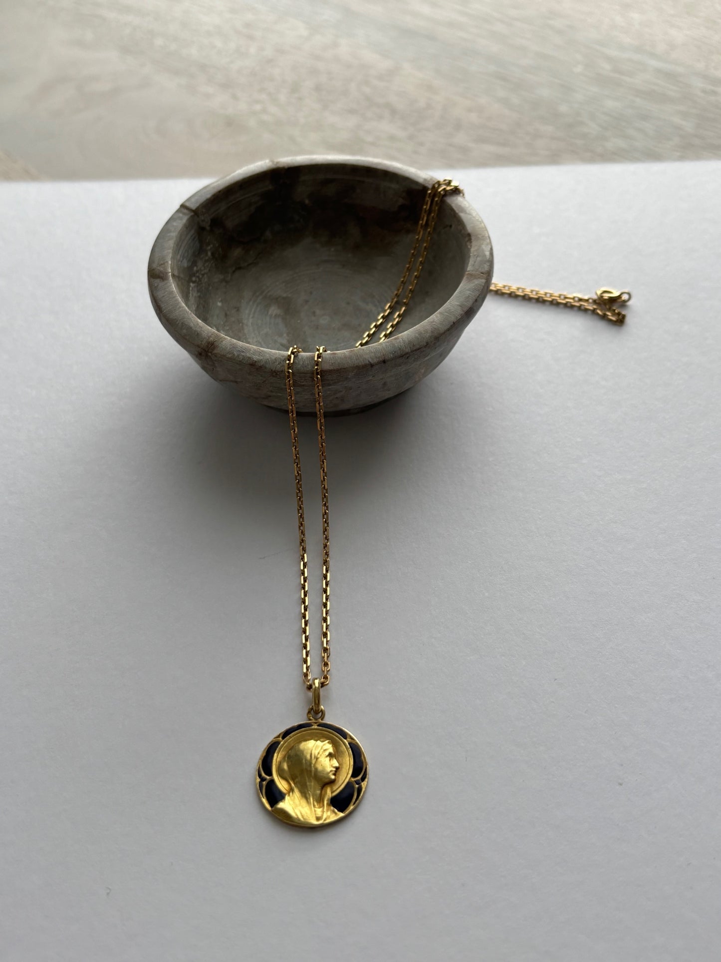 Antique French Guilbert 18k Gold and Blue Enamel Mary Pendant Charm 1922