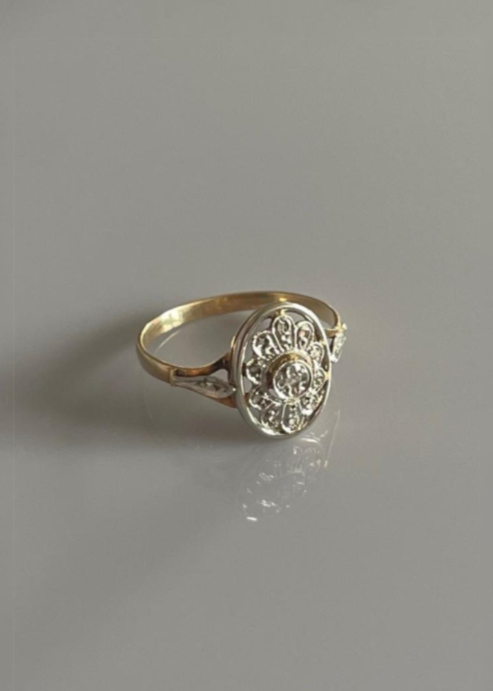 French 18ct Gold and Diamond Oval Ring in Platinum Setting