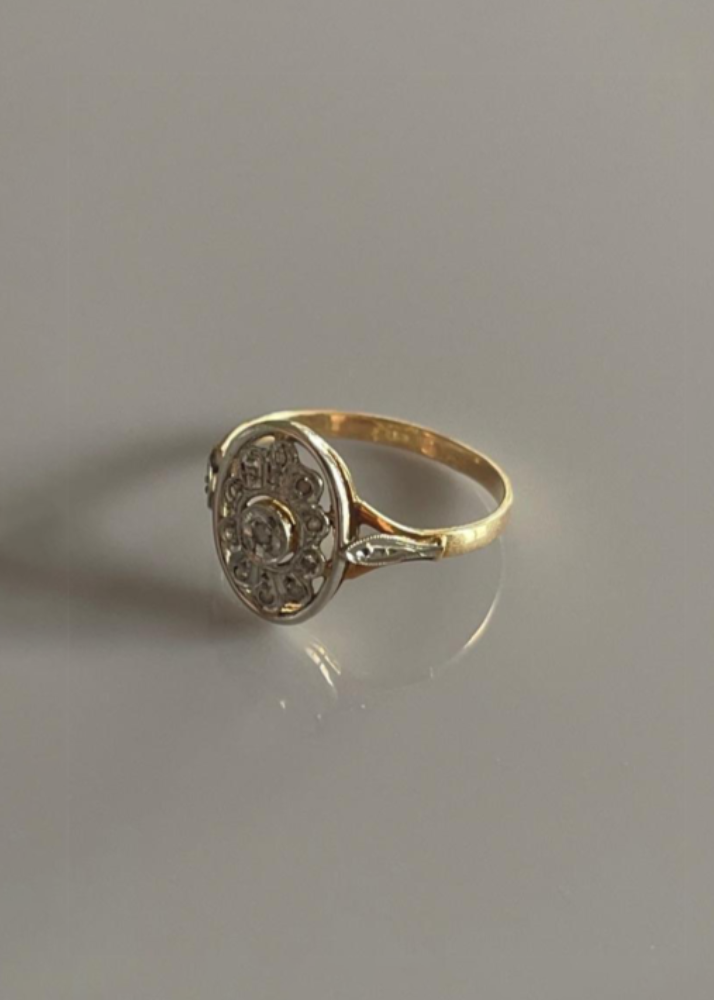 French 18ct Gold and Diamond Oval Ring in Platinum Setting