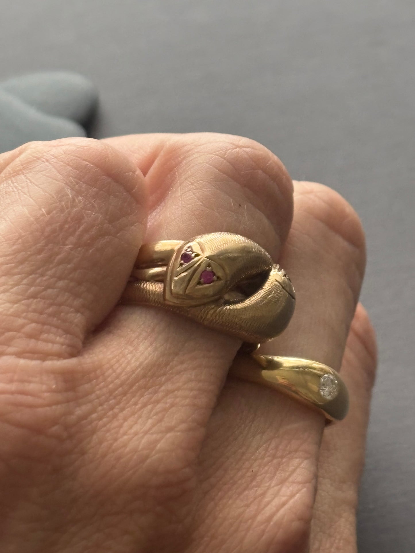 Vintage 9k Gold Snake Ring with Ruby Eyes
