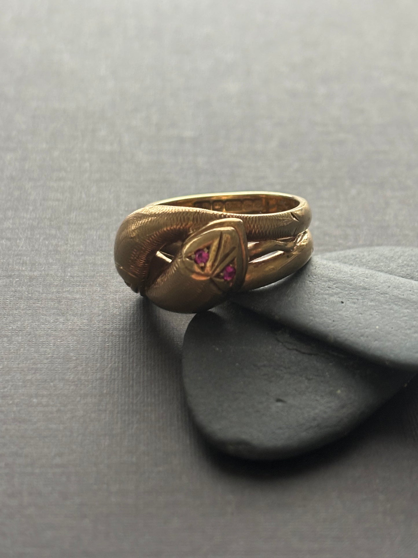 Vintage 9k Gold Snake Ring with Ruby Eyes