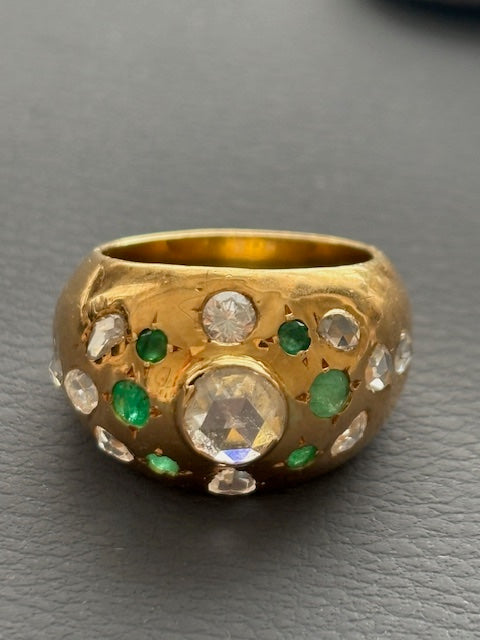 French 18k Gold Bombe Ring Diamonds and Emeralds