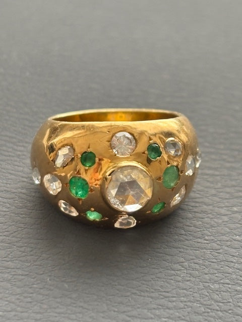 French 18k Gold Bombe Ring Diamonds and Emeralds