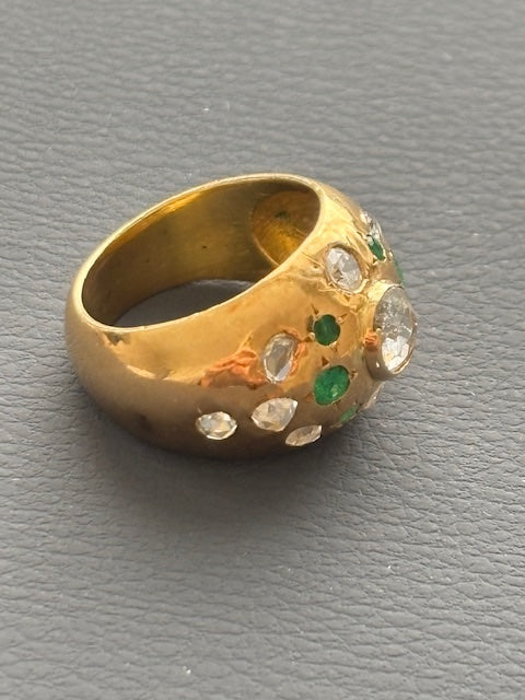 French 18k Gold Bombe Ring Diamonds and Emeralds