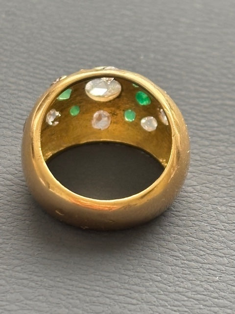 French 18k Gold Bombe Ring Diamonds and Emeralds