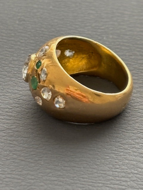 French 18k Gold Bombe Ring Diamonds and Emeralds