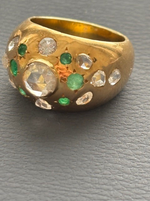 French 18k Gold Bombe Ring Diamonds and Emeralds