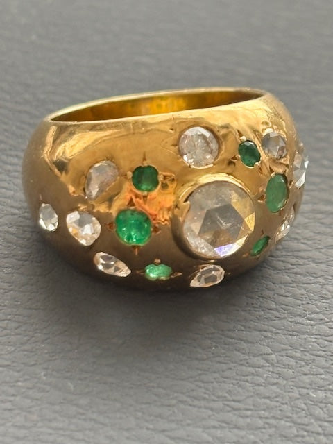 French 18k Gold Bombe Ring Diamonds and Emeralds