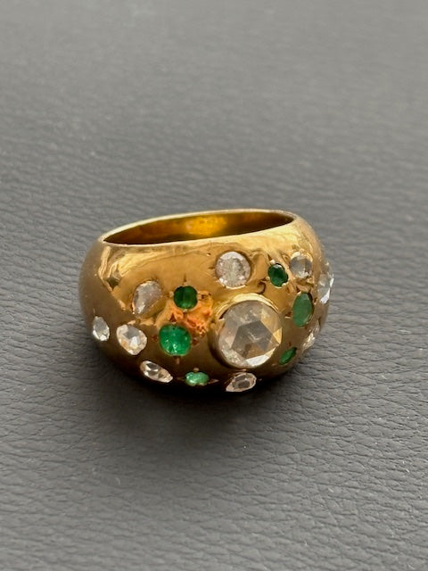 French 18k Gold Bombe Ring Diamonds and Emeralds
