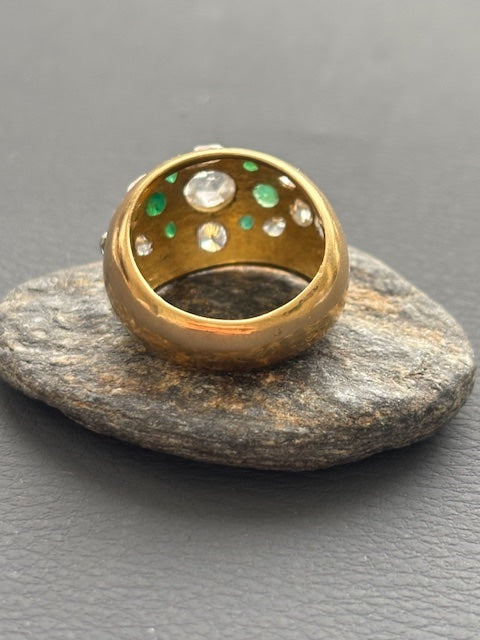 French 18k Gold Bombe Ring Diamonds and Emeralds