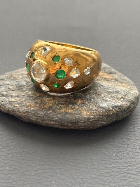 French 18k Gold Bombe Ring Diamonds and Emeralds