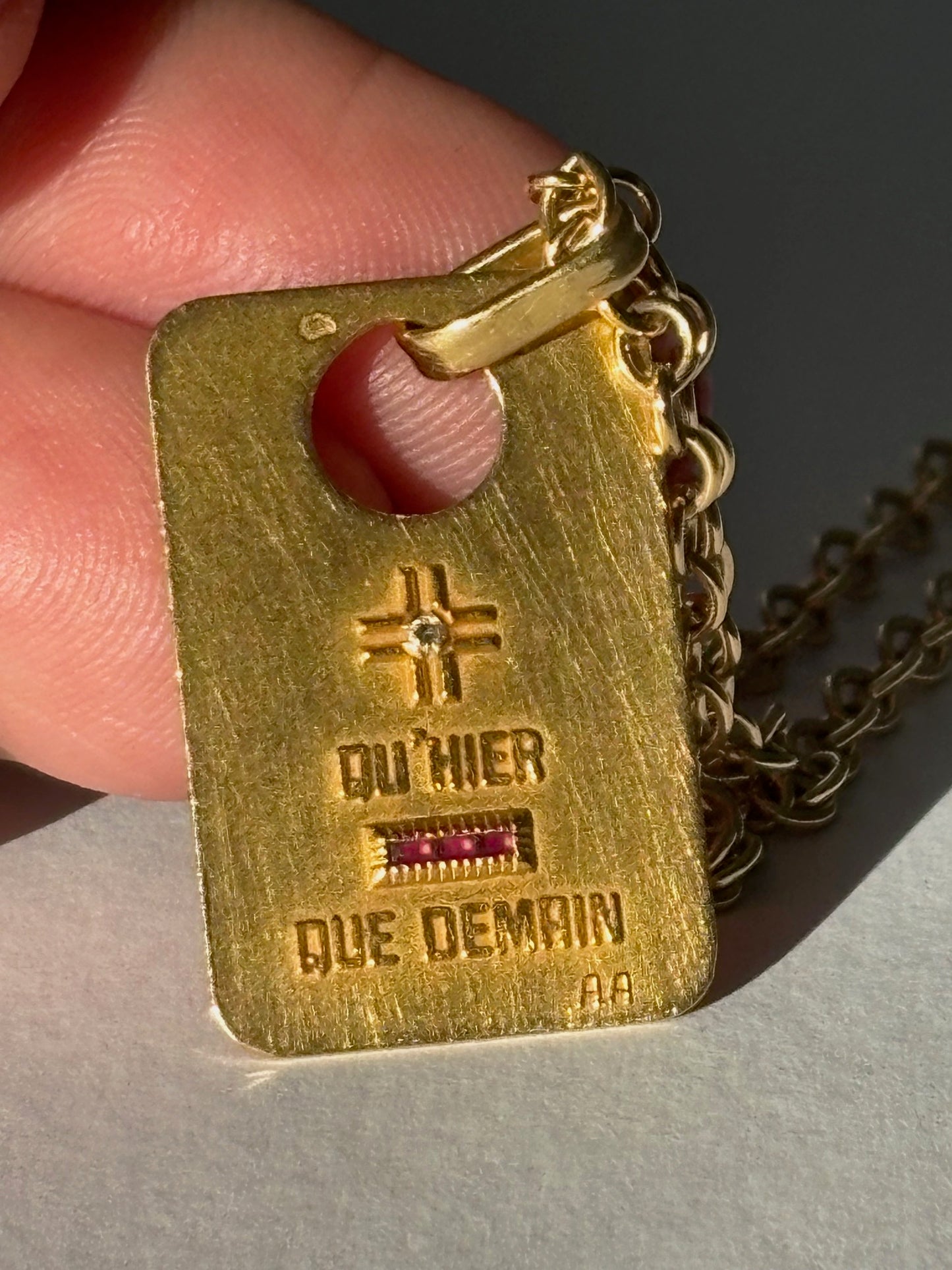 Vintage 1940's French 18k Gold A Augis Pendant and Chain w Ruby and Diamond
