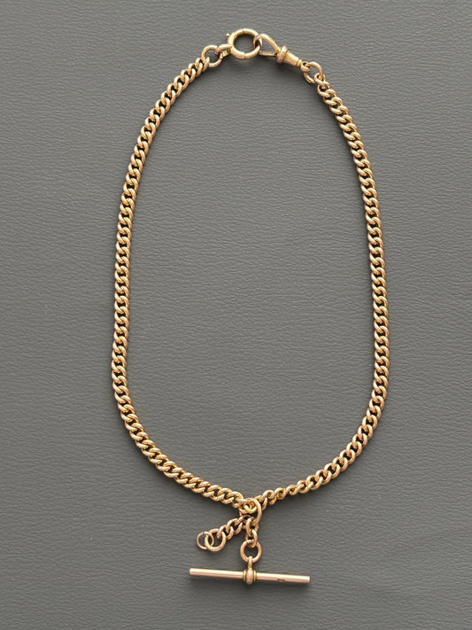 Antique Victorian 9k Gold Albert Watch Chain Necklace w/ T-Bar & Bolt Ring
