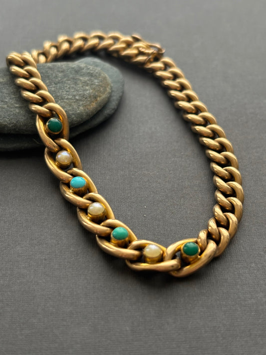 Vintage 15k Gold Turquoise &  Seed Pearl Bracelet