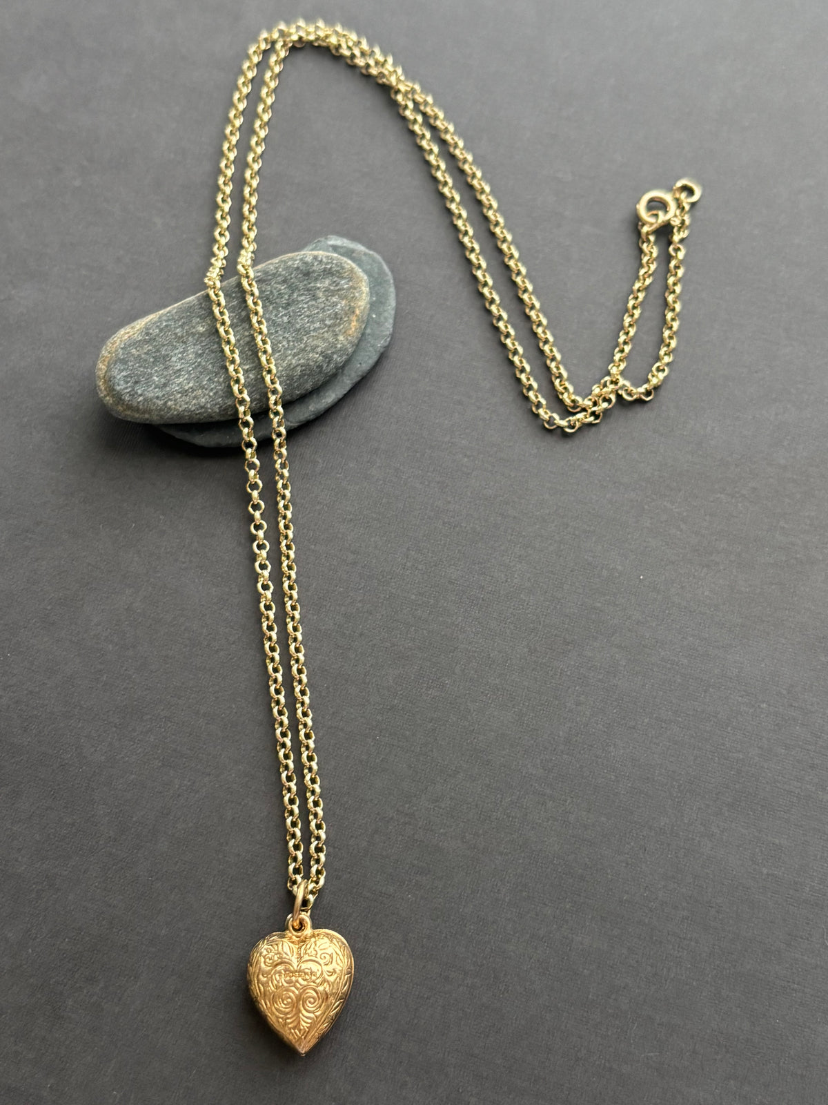 Antique 9k Gold Engraved Heart Pendant & Belcher Chain
