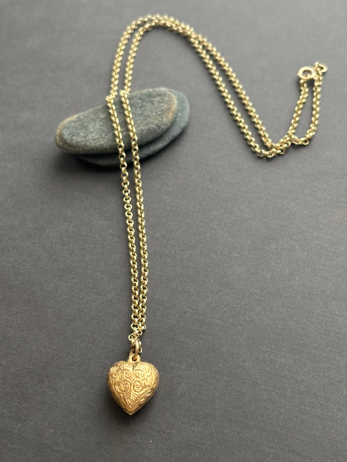 Antique 9k Gold Engraved Heart Pendant & Belcher Chain