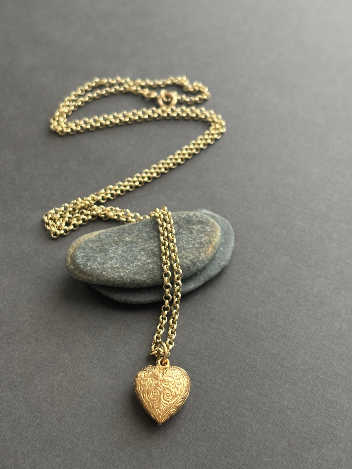Antique 9k Gold Engraved Heart Pendant & Belcher Chain