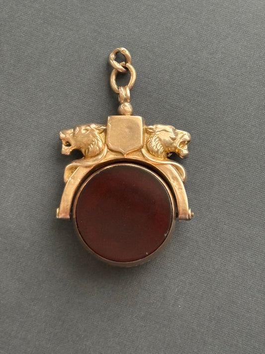 Vintage 9k Gold Lion Spinner Charm Bloodstone / Chalcedony