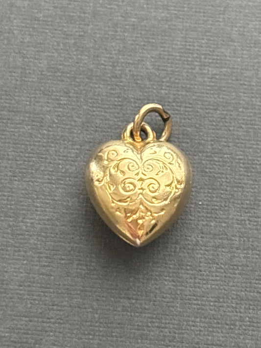 Antique 9k Gold Engraved Heart Charm — 1936
