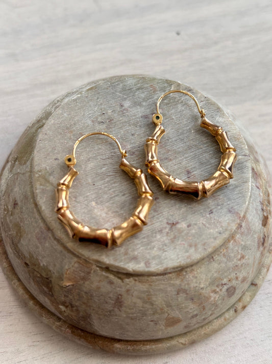 Vintage 9k Gold Bamboo Style Hoop Earrings