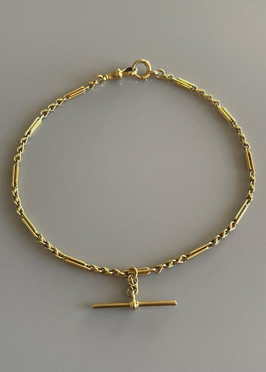 Vintage 18k Gold Trombone Link Watch Chain with T Bar