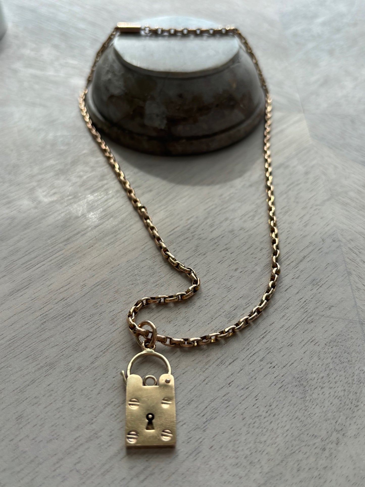 Vintage British 9k Gold Rare Square Padlock Charm on a 9ct Gold Chain