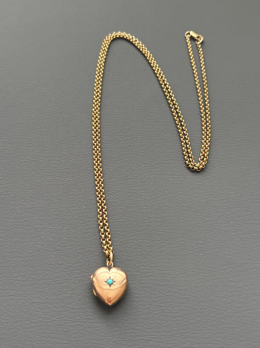 Antique Victorian 9k Gold Turquoise Heart Pendant Necklace