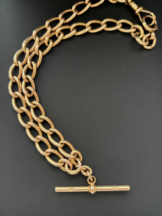 Antique 15k Gold Albert Watch Chain w/ T-Bar and Dog Clip / Bolt Ring Closure