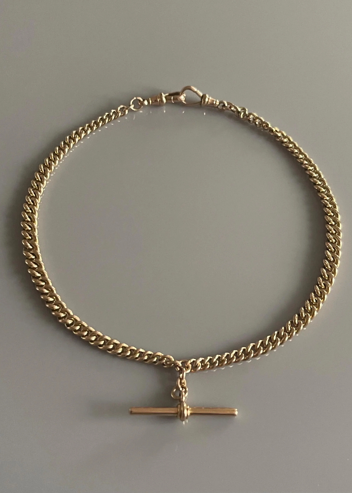 Victorian 9k Gold Vintage Curb Watch Chain Necklace with TBar