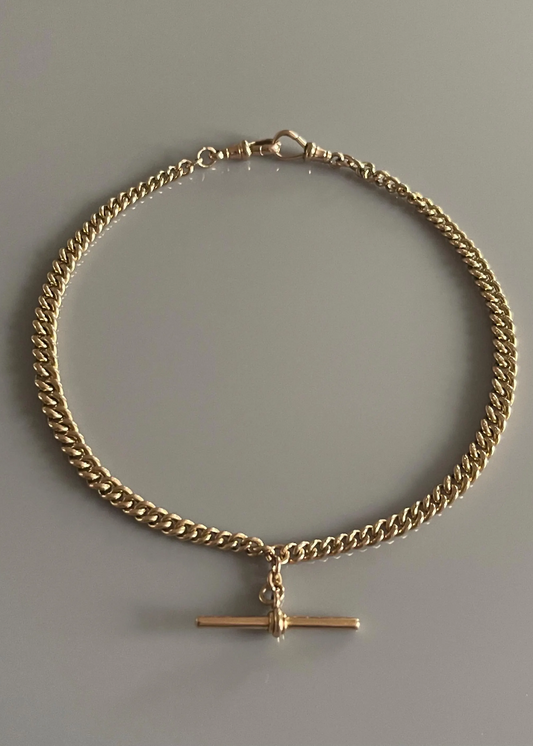 Victorian 9k Gold Vintage Curb Watch Chain Necklace with TBar